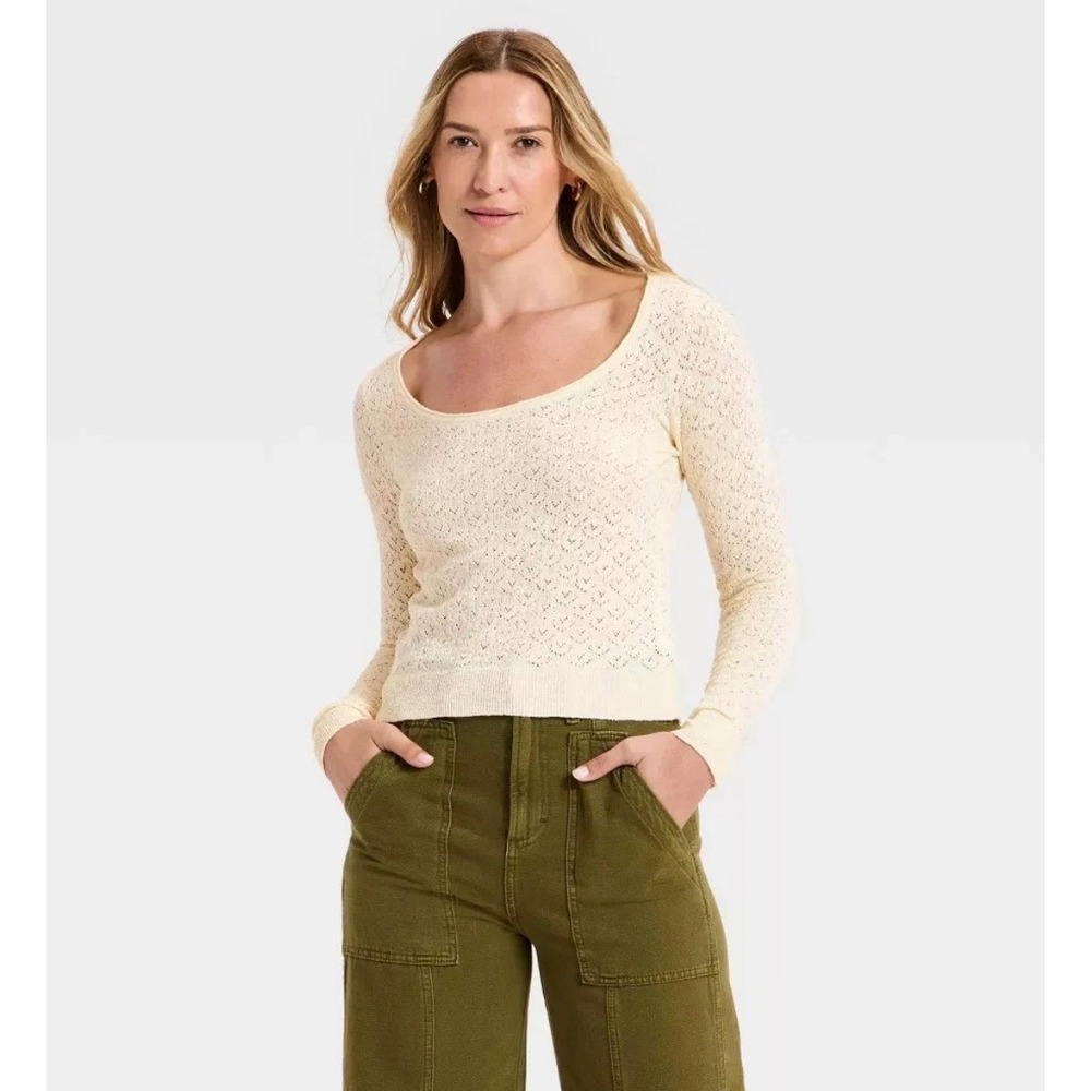Universal Thread Cream Pointelle Scoop Neck Long Sleeve Knit Top Large NEW